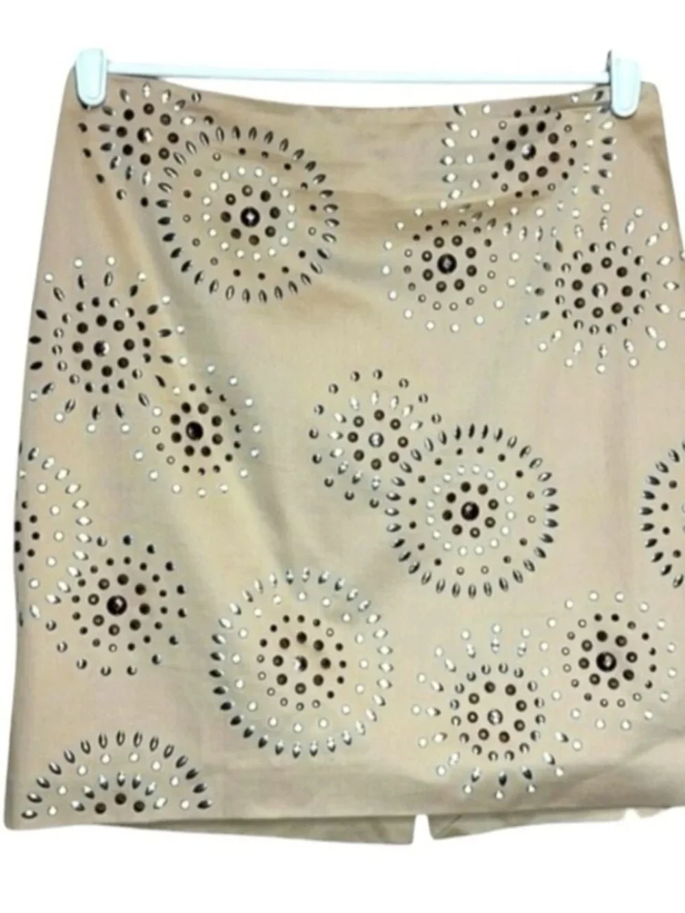 White House Black Market Women's Tan Embezzled Stud Skirt Rhinestone 4 New  $158
